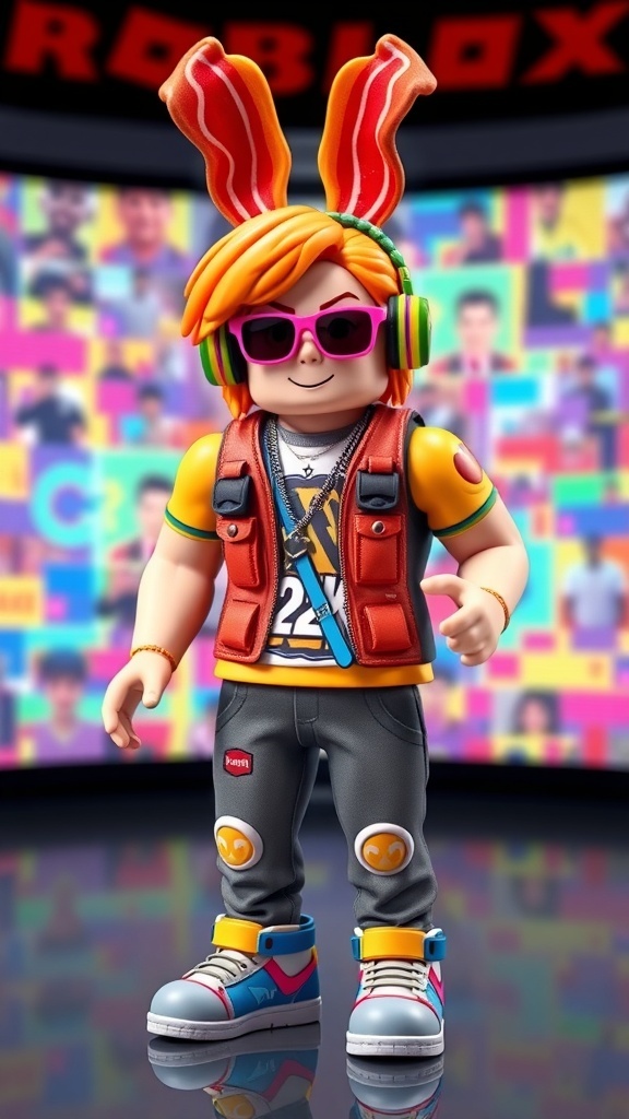 A Roblox avatar with bacon hair and Y2K style clothing, set against a colorful digital backdrop.